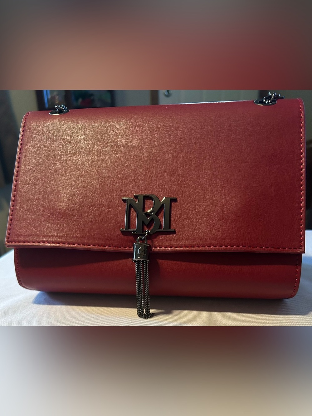 NWT Badgley Mischka Deep Red Leather Crossbody with Tassel Monogram